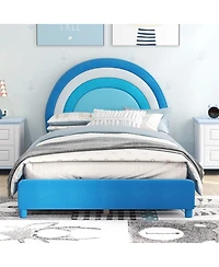 Gymax Kids Twin Platform Bed Frame Upholstered w/ Wooden Slats Support Blue
