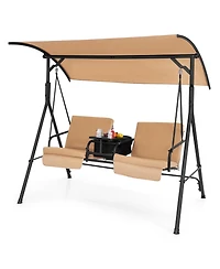 2-Person Canopy Porch Swing Padded Chair Cooler Bag Rotatable Tray Black
