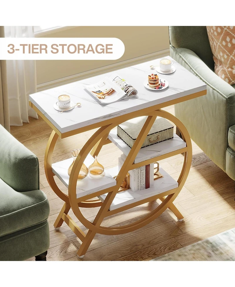 Tribesigns End Table for Living Room, 3-Tier Faux Marble Side Table with Storage, Wood Narrow Sofa Side Table with Geometric Metal Frame, Modern Night