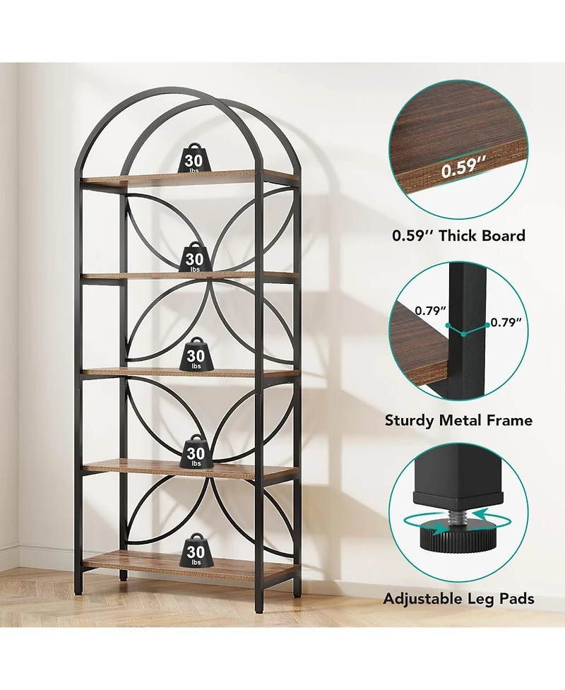 Tribesigns 5-Tier Bookshelf, 75 Inch Tall Arched Bookcase Shelf Storage Organizer, Industrial Book Rack With Metal Frame, Open Standing Display Rack