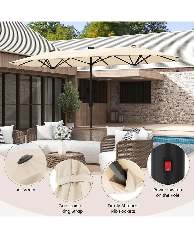 13FT Double-sided Patio Umbrella with Solar Lights Crank Handle Base