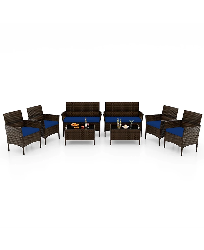 8 Pcs Patio Furniture Set with Washable Cushions and Tempered Glass Coffee Table