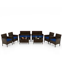 8 Pcs Patio Furniture Set with Washable Cushions and Tempered Glass Coffee Table