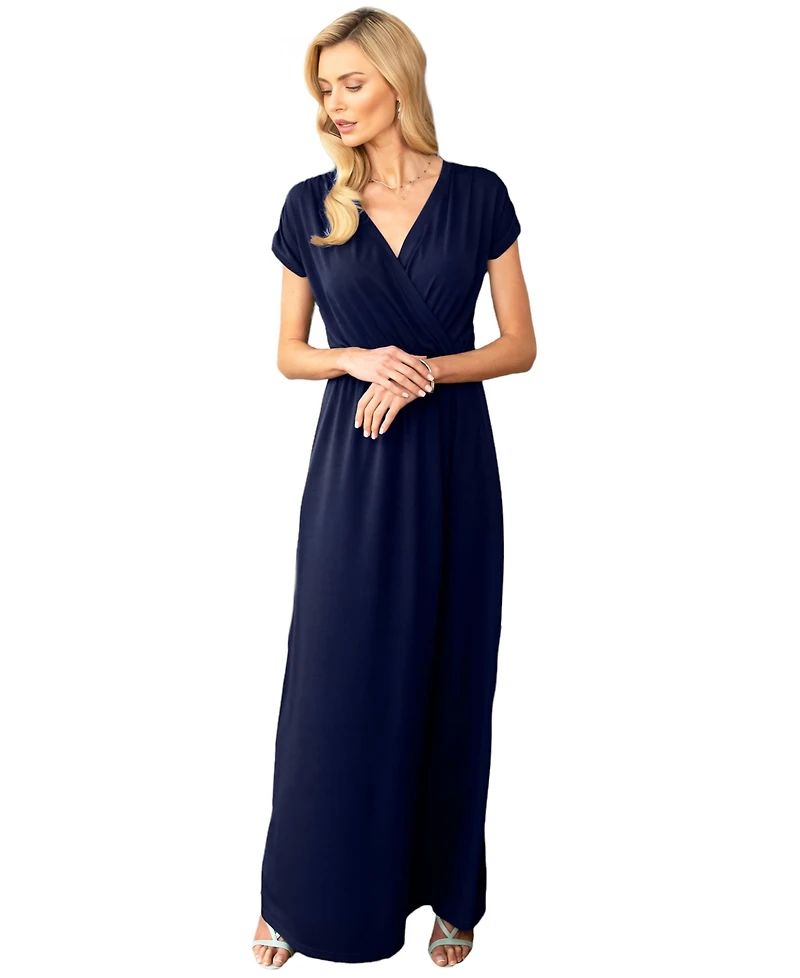 Hotsquash London Women's V-Neck Maxi Dress with Short Sleeves