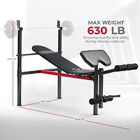 Sunny Health & Fitness Adjustable Standard Incline Weight Bench with Leg Developer and Preacher Curl Attachment, Up to 630LBs Support
