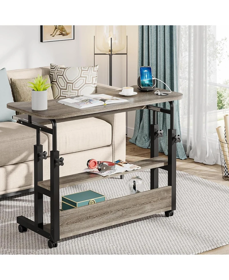 Tribesigns Portable Desk with Power Outlets, Height Adjustable Side Table Sofa Couch Bedside Laptop Computer Cart Usb Charging Ports, Mobile Smal