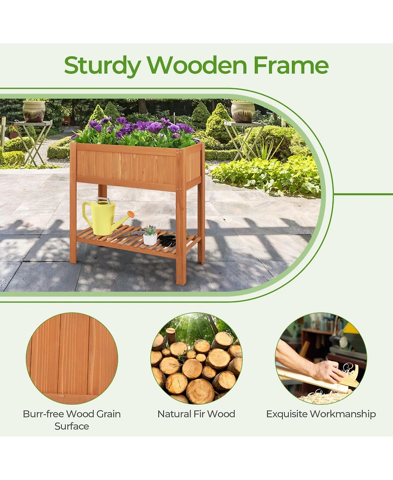 Skonyon Outdoor Raised Garden Bed Fir Wood Planter Box with Bottom Storage Shelf and Protective Liner-Brown
