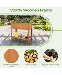 Skonyon Outdoor Raised Garden Bed Fir Wood Planter Box with Bottom Storage Shelf and Protective Liner-Brown