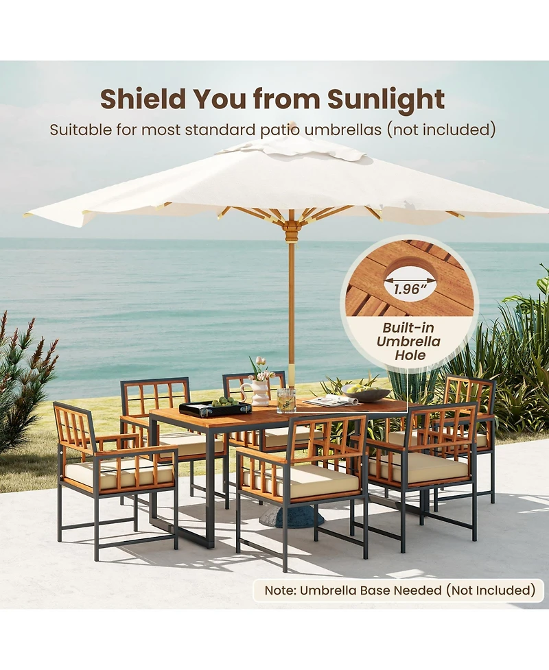 Sugift 7 Pieces Patio Acacia Wood Dining Set with Soft Cushions and Umbrella Hole