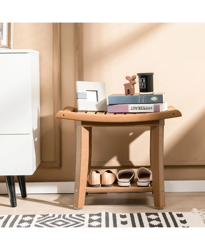 Sugift Waterproof Bath Stool with Curved Seat and Storage Shelf