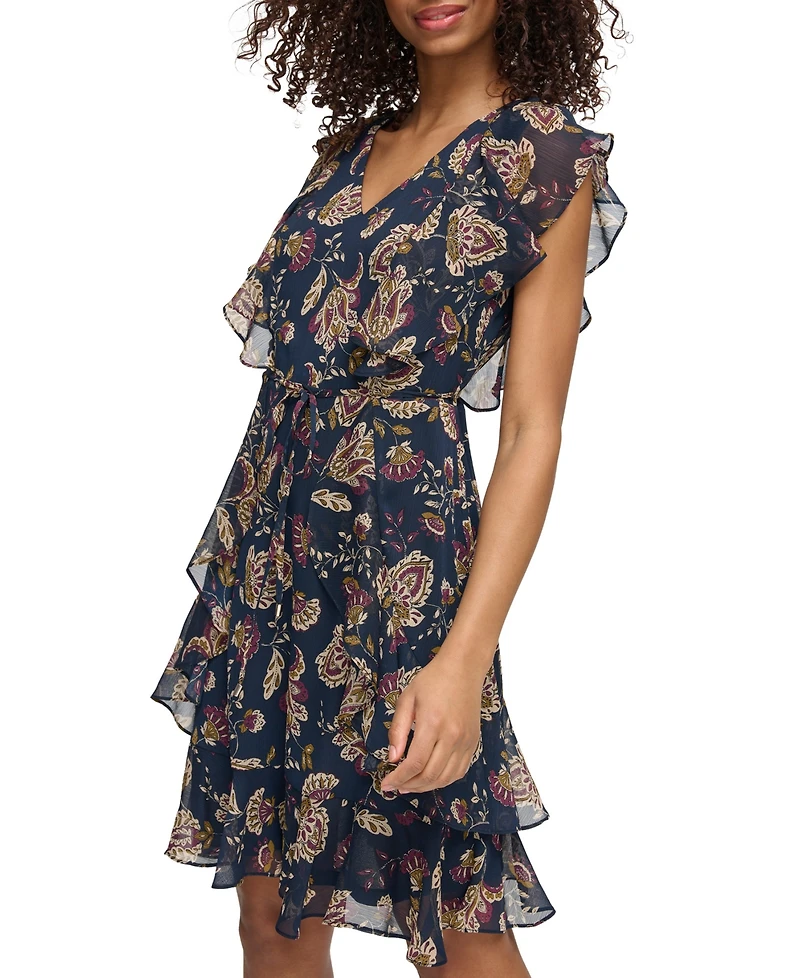 Tommy Hilfiger Women's Printed Flutter-Sleeve Ruffle Dress