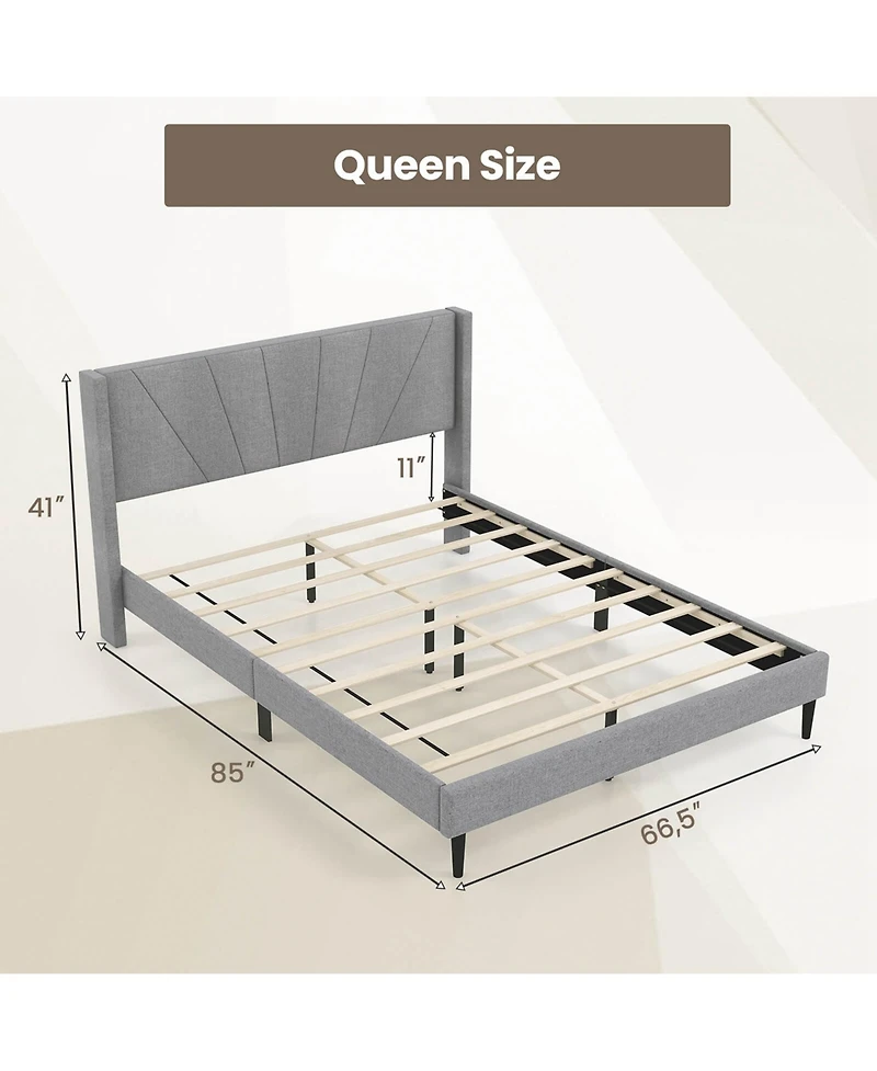 Costway Queen Bed Frame Modern Platform Bed with Linen Upholstered Wingback Headboard