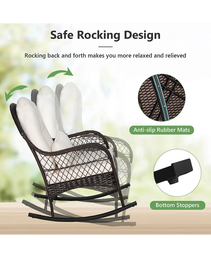 Sugift Patio Rattan Rocking Chair with Seat Back Cushions and Waist Pillow