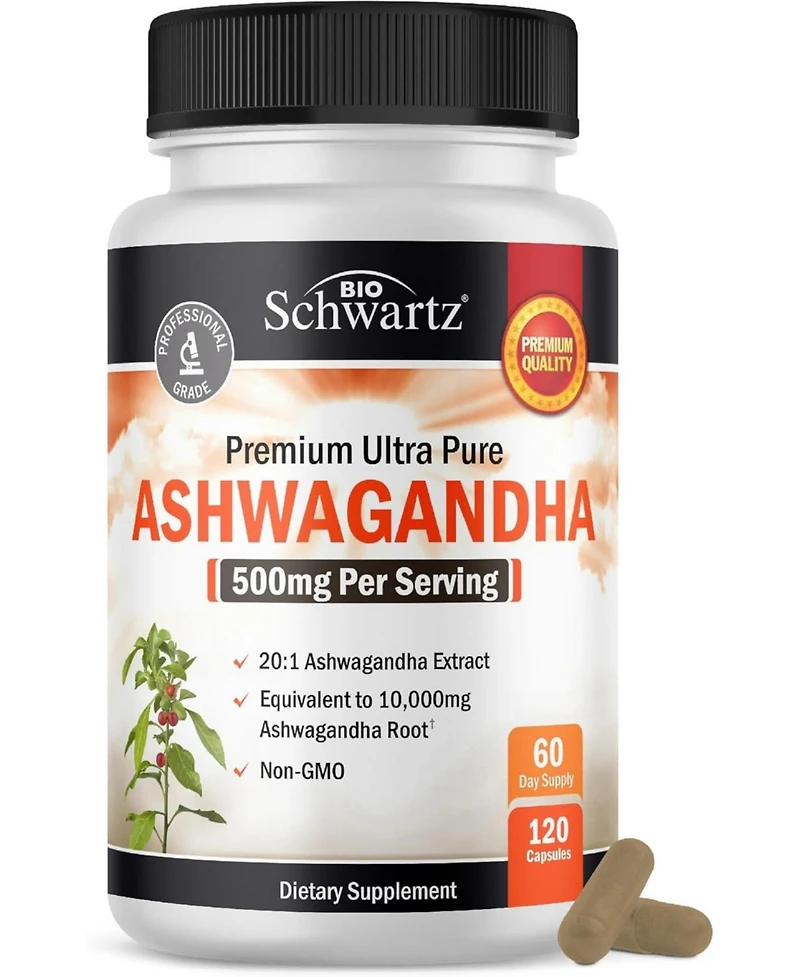 Ashwagandha Supplements - Extra Strength Ashwagandha Capsules with 500mg 20 to 1 Root Extract Equivalent to 10,000mg Ashwaganda Powder