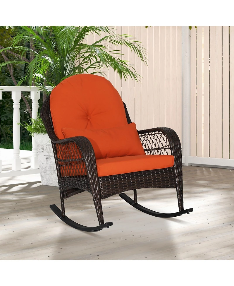 Sugift Patio Rattan Rocking Chair with Seat Back Cushions and Waist Pillow