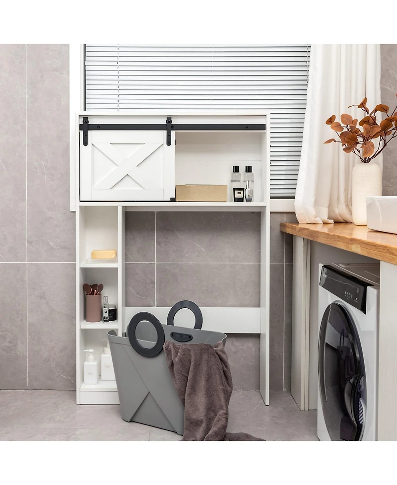 4-Tier Over The Toilet Storage Cabinet with Sliding Barn Door and Storage Shelves-White