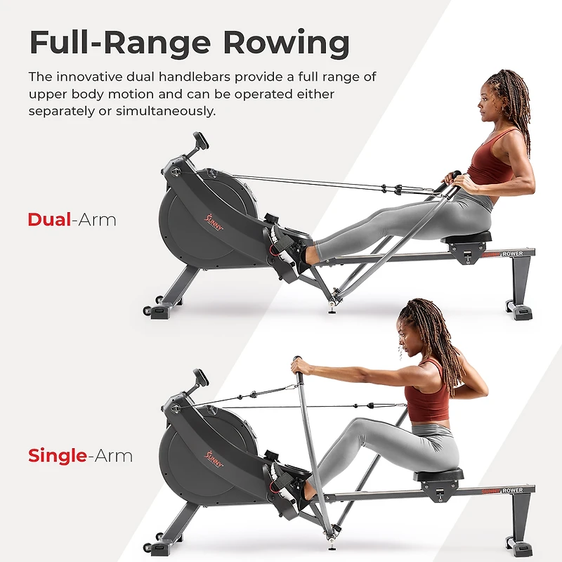 Sunny Health & Fitness MotionMax Smart Magnetic Rowing Machine – Full Motion Handlebars Low-Impact Full-Body Workouts, w Extended 51” Ra