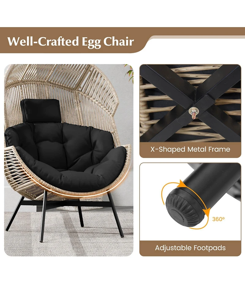 Oversized Egg Style Chair with Cushions & Headrest Heavy-Duty Metal Frame for Yard