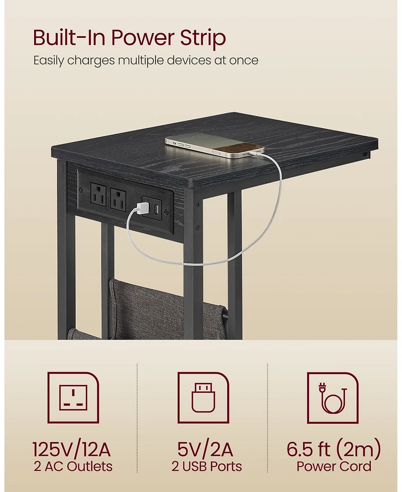 C-Shaped Sofa Table with Charging Station and Power Plug for Small Spaces