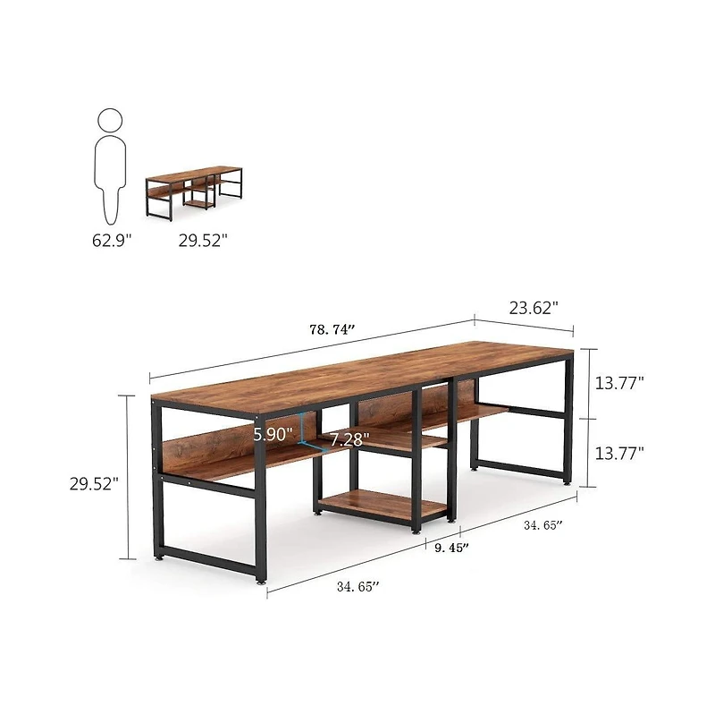 Tribesigns Two Person Desk with Bookshelf, 78.7 Computer Office Double Desk for Two Person,Writing Desk Workstation with Shelf for Home Office