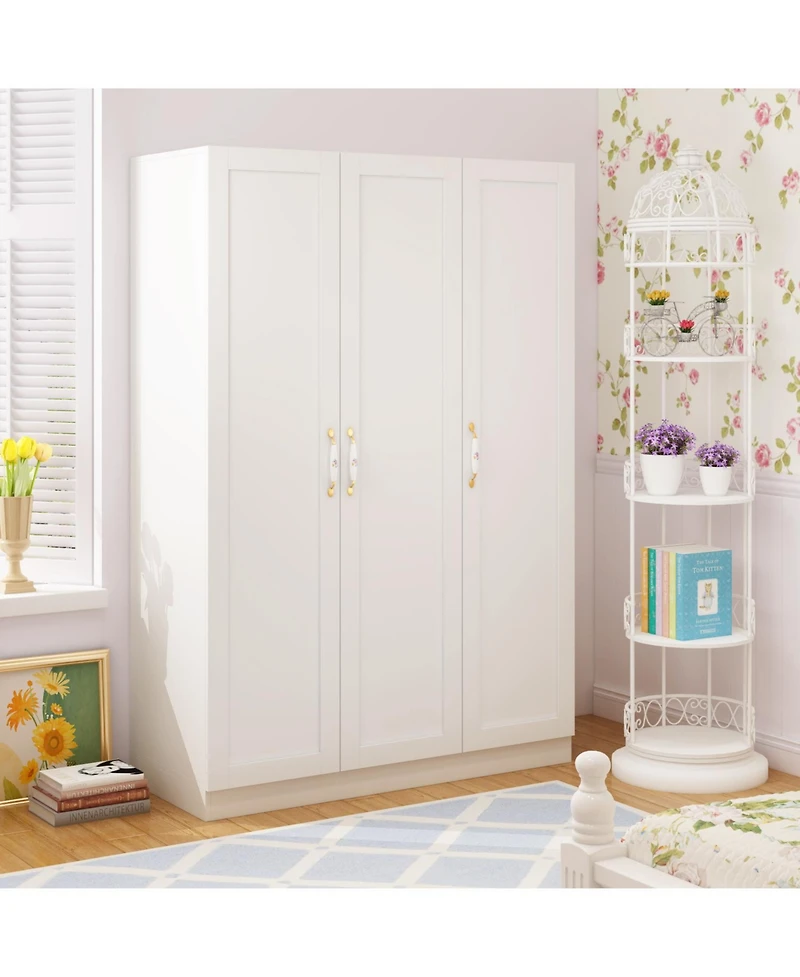 Famapy White 3-Doors Armoires Wardrobe with Hanging Rod and Storage Cubes