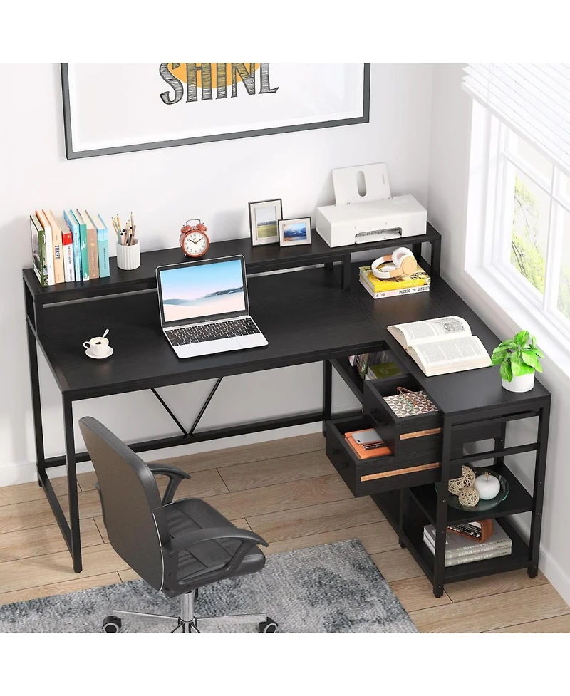 Tribesigns 55-inches Reversible L Shaped Desk with Drawer, Modern White Corner Home Office Table, Wooden and Metal Pc