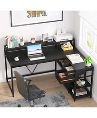 Tribesigns 55-inches Reversible L Shaped Desk with Drawer, Modern White Corner Home Office Table, Wooden and Metal Pc