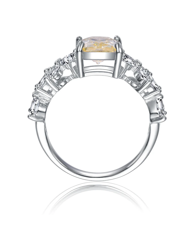 Sterling Silver Canary Yellow & White Cubic Zirconia Radiant Leaf Trellis Cluster Statement Ring