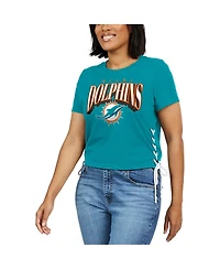 Wear by Erin Andrews Women's Aqua Miami Dolphins Lace Up Side Modest Cropped T-Shirt