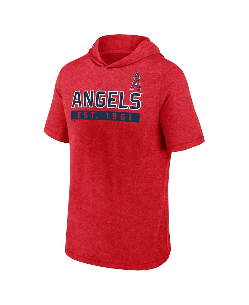 Fanatics Men's Heather Red Los Angeles Angels Push Short Sleeve Pullover Hoodie