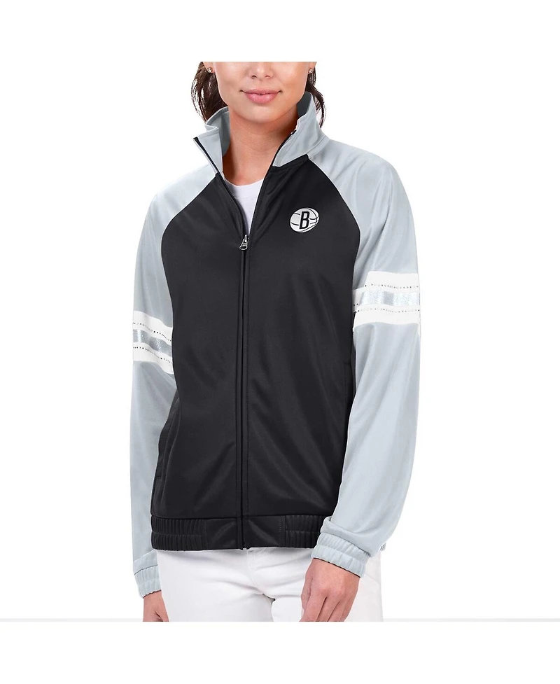 G-iii 4Her by Carl Banks Women's Black Brooklyn Nets Main Player Raglan Rhinestone Full-Zip Track Jacket