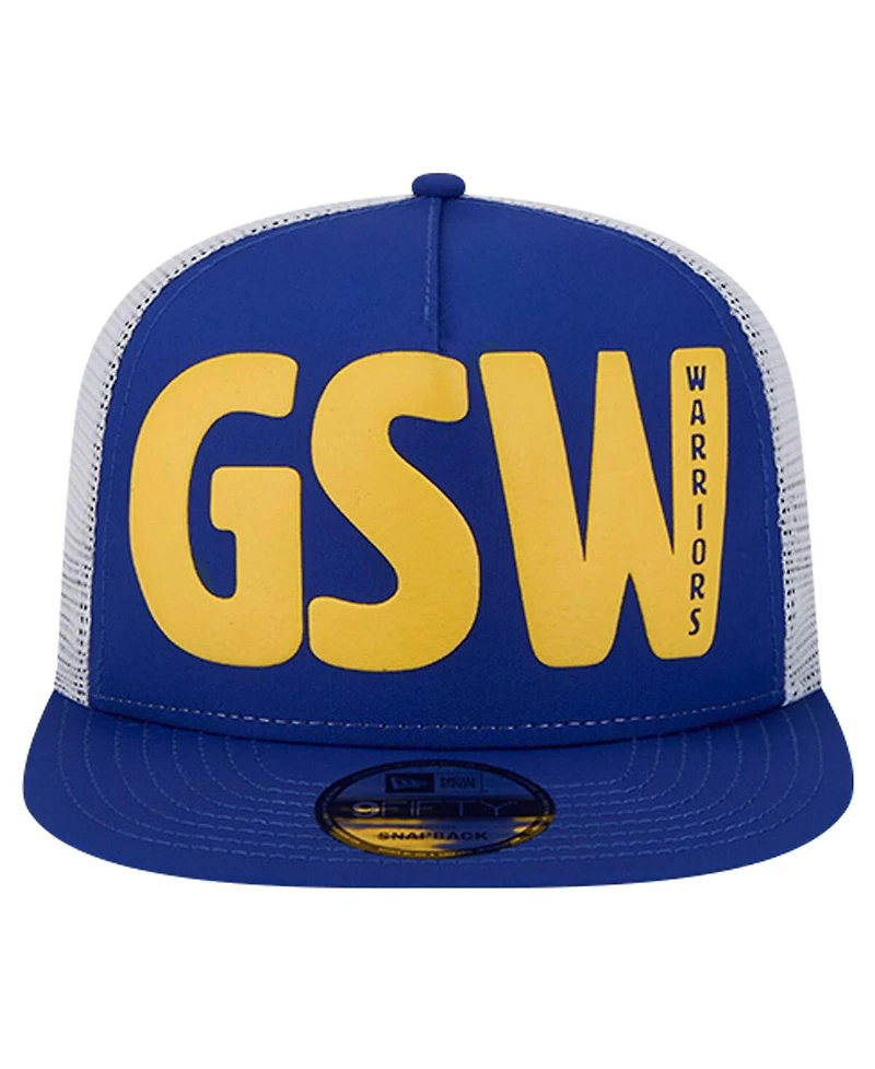 New Era Men's Royal Golden State Warriors Puff Print Team Code A-Frame 9FIFTY Trucker Snapback Hat