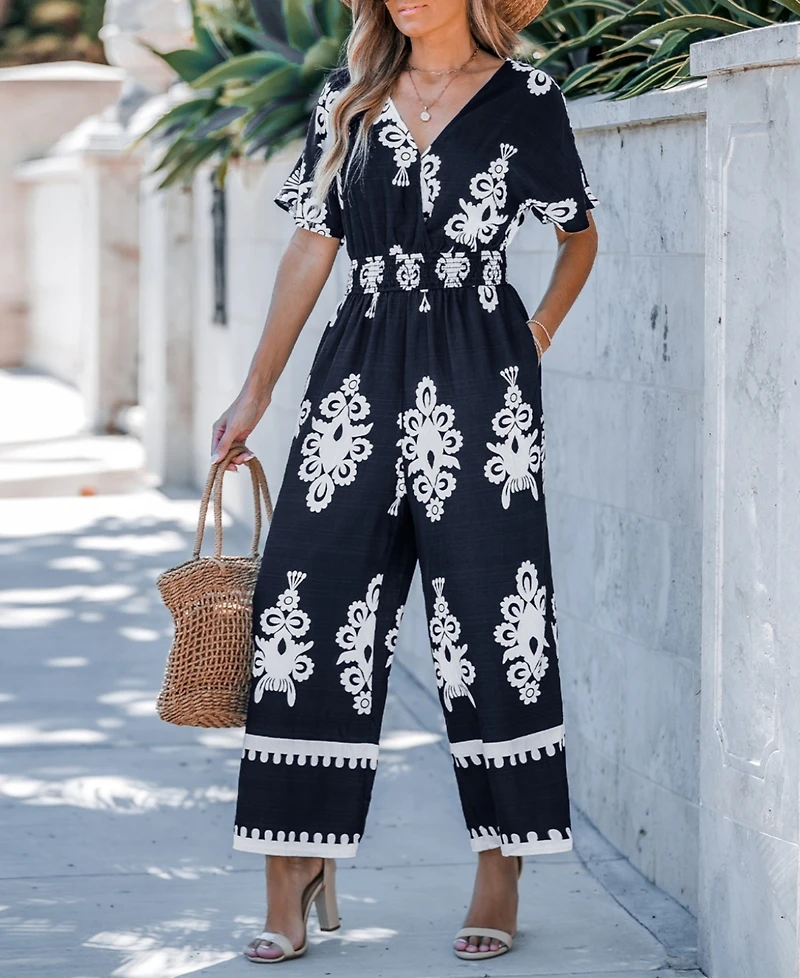 Cupshe Women's Navy Smocked Waist Wide Leg Jumpsuit