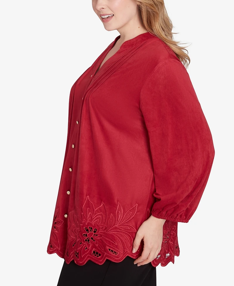 Ruby Rd. Plus Size Button Front Stretch Faux Suede Top with Cut Out Hem Detail