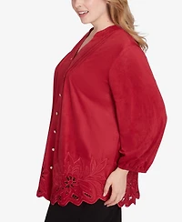 Ruby Rd. Plus Size Button Front Stretch Faux Suede Top with Cut Out Hem Detail