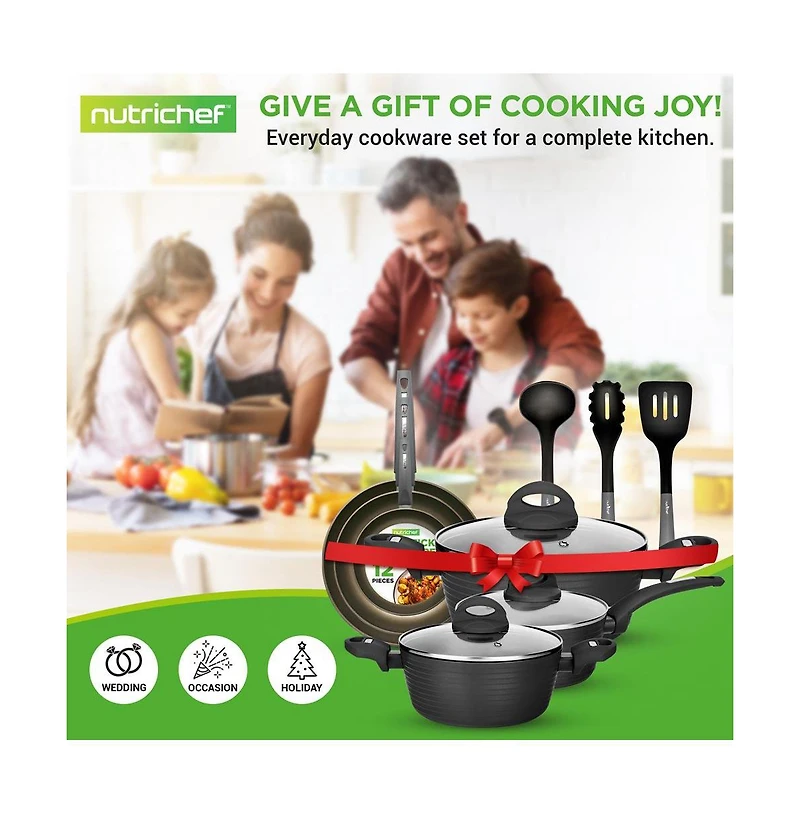 NutriChef Kitchenware Pots & Pans - Stylish Kitchen Cookware Set with Stylish Metallic Ridge-Line Pattern, Non-Stick (12-Piece Set)