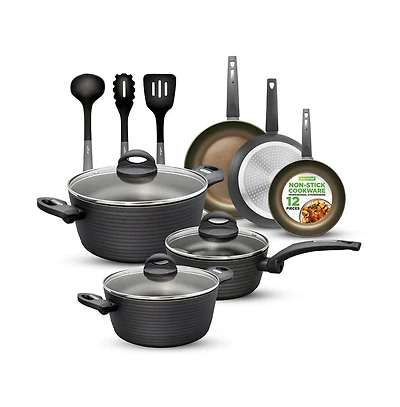 NutriChef Kitchenware Pots & Pans - Stylish Kitchen Cookware Set with Stylish Metallic Ridge-Line Pattern, Non-Stick (12-Piece Set)