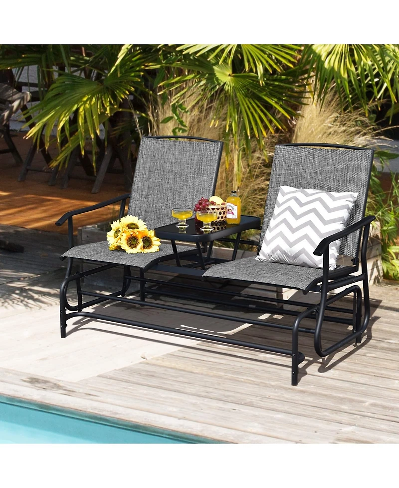 Sugift 2-Person Double Rocking Loveseat with Mesh Fabric and Center Tempered Glass Table