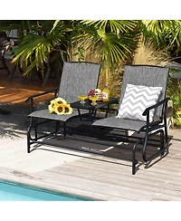 Sugift 2-Person Double Rocking Loveseat with Mesh Fabric and Center Tempered Glass Table