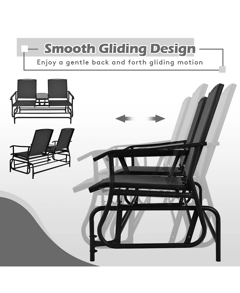 Sugift 2-Person Double Rocking Loveseat with Mesh Fabric and Center Tempered Glass Table