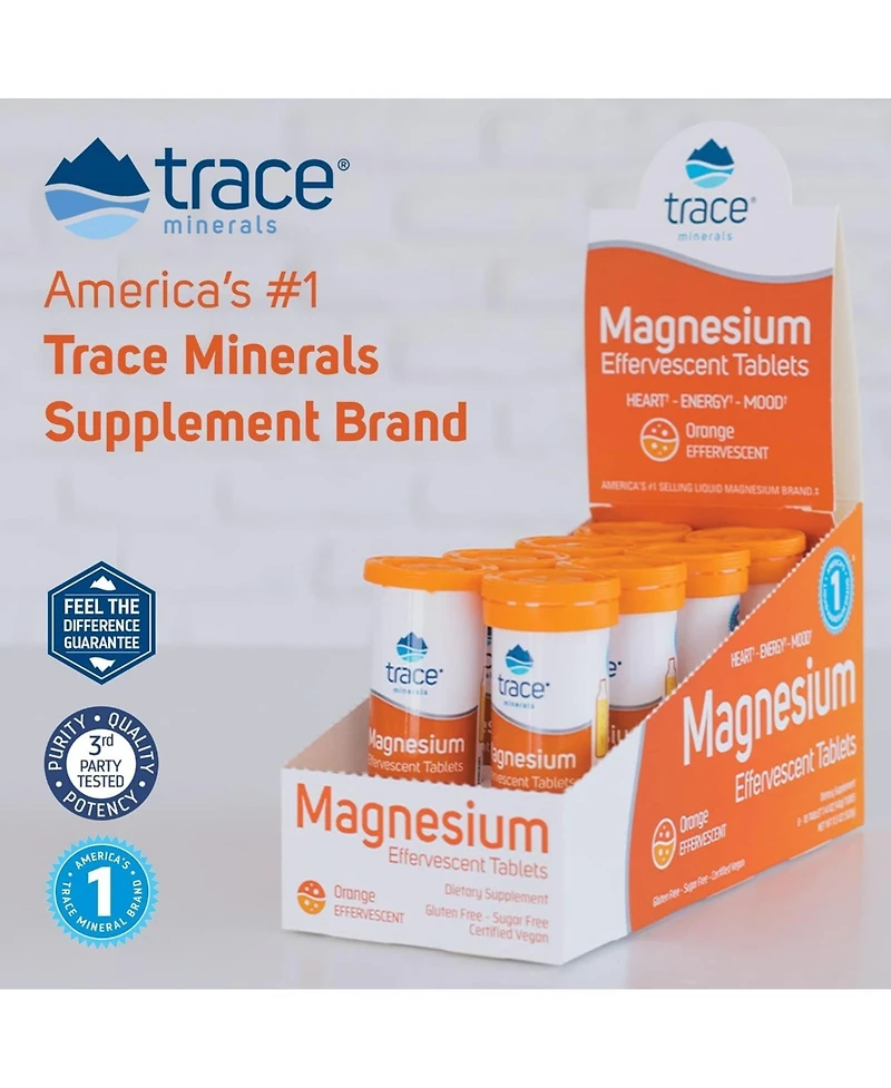 Trace Minerals | Magnesium Effervescent Tablets| No Allergies | Non-gmo, Gluten Free, Sugar-Free, Third Party Tested | Orange | 8 Tubes Contain 10 Tab