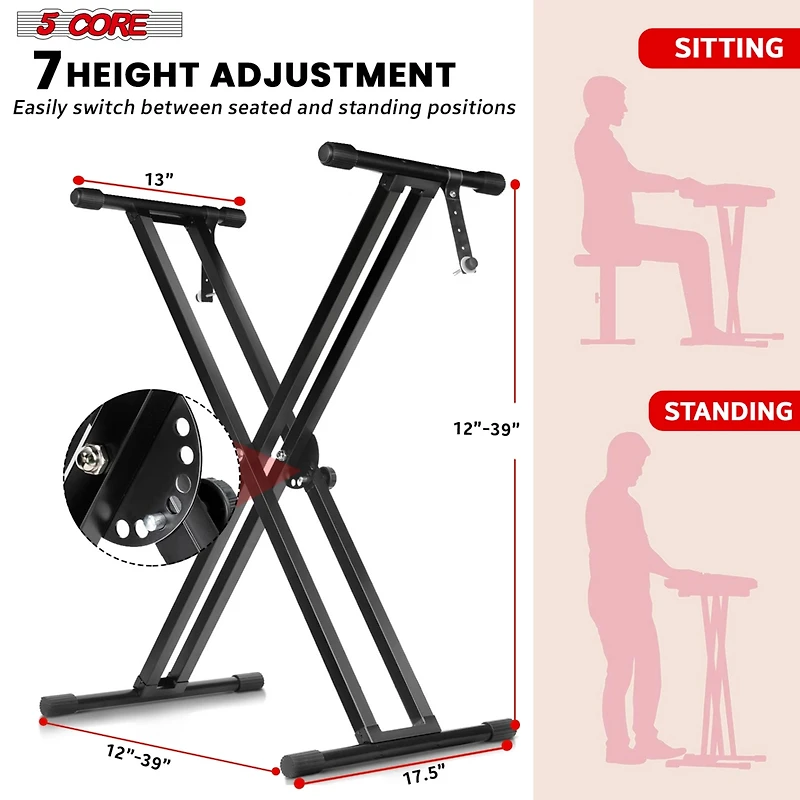 5 Core Keyboard Stand Double X Style Adjustable Piano Riser + Keyboard Piano Bench - Black
