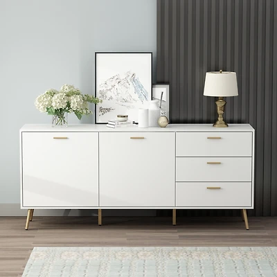 Famapy White Wood Buffet Sideboard Storage Cabinet 3-Drawers 2-Cabinets Shelves