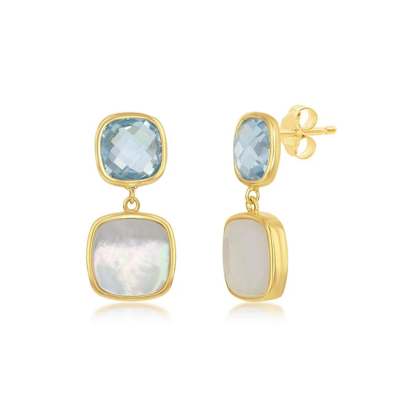 Simona Sterling Silver Double Square Blue Topaz and Mother of Pearl Earrings - Gold Plated
