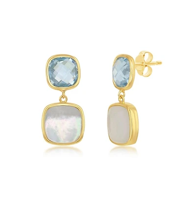 Simona Sterling Silver Double Square Blue Topaz and Mother of Pearl Earrings - Gold Plated