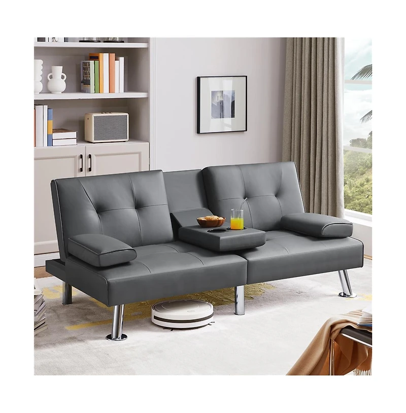 Yaheetech Faux Leather Convertible Futon Sofa Bed with 2 Throw Pillows