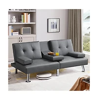 Yaheetech Faux Leather Convertible Futon Sofa Bed with 2 Throw Pillows