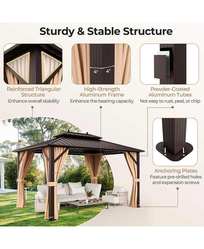 Sugift 10x13ft Double-Roof Patio Hardtop Gazebo with Galvanized Steel Roof Netting and Curtains-Coffee