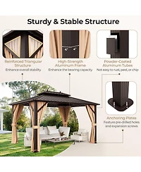 Sugift 10x13ft Double-Roof Patio Hardtop Gazebo with Galvanized Steel Roof Netting and Curtains-Coffee