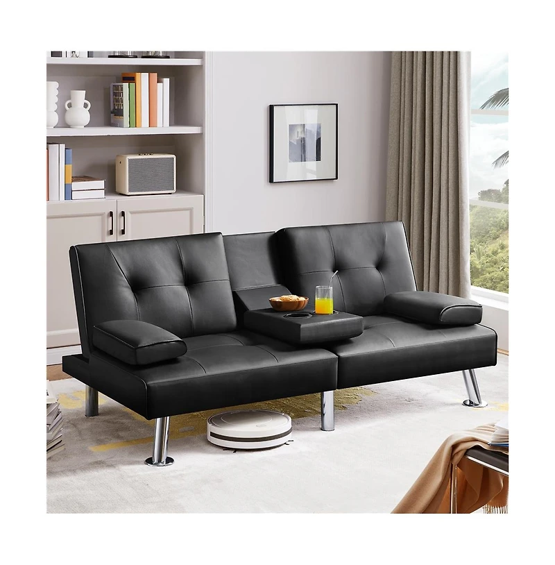 Yaheetech Faux Leather Convertible Futon Sofa Bed with 2 Throw Pillows